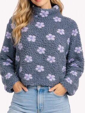 Dakini Floral Popcorn Fleece Pullover Sweater Blue Size Medium